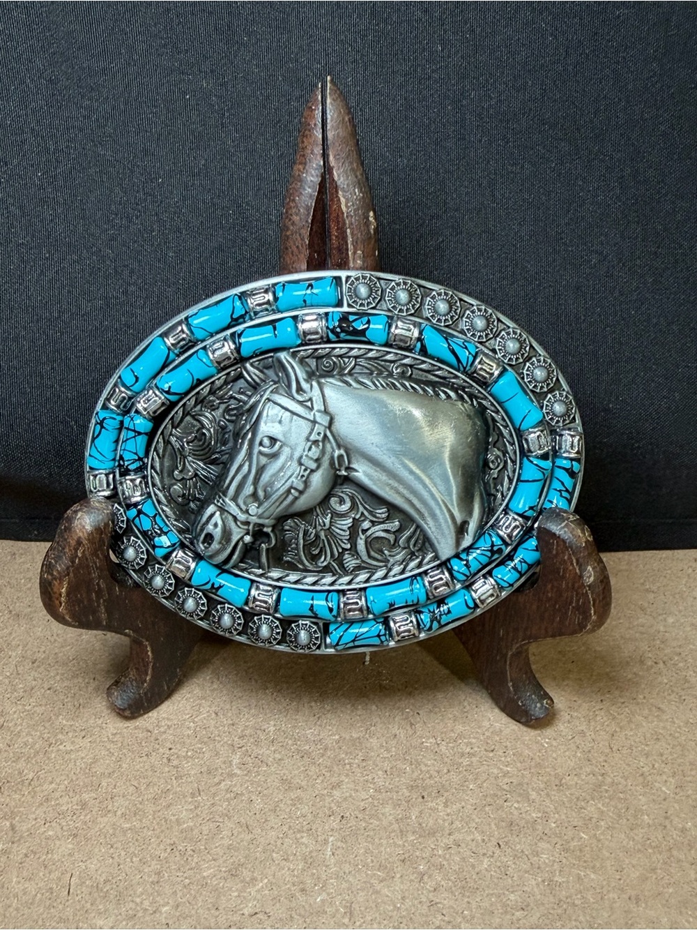 Western Cowboy cowgirl Horse Turquoise bead Accents Belt Buckle Ornate Detailing